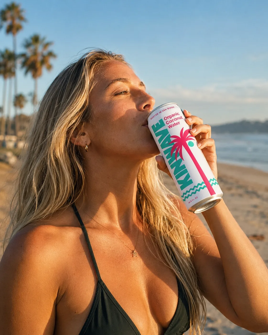 Woman drinking KINWAVE on the beach